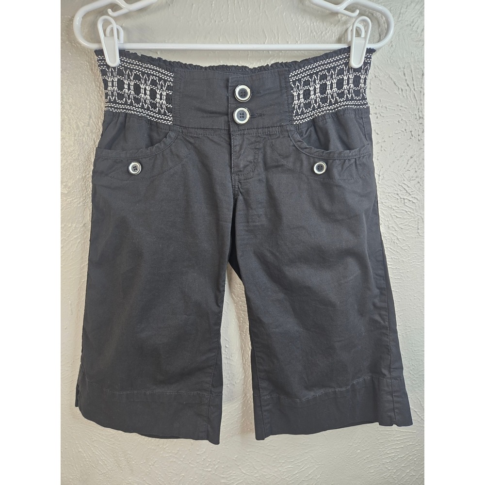 Rewind Smocked Waist Embroidered Bermuda Capri Black Cotton Stretch Y2K Grunge